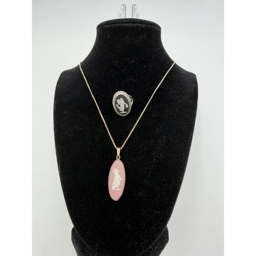 Wedgwood Jasperware Black & Pink Ring Necklace Jewelry Set 2 PCs - Picture 2 of 15